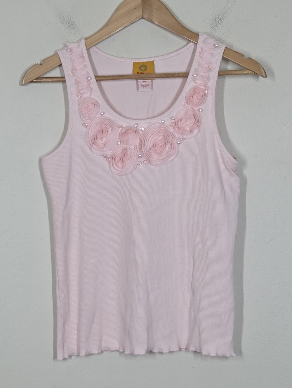 NWT Ruby Rd Pastel Pink Lettuce Hem Flower Beaded Scoop Tank PS Fairy Coquette